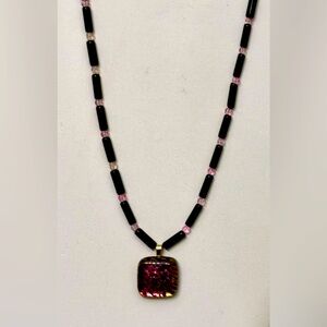 Leopard print Blown Square Glass Pendant w/ Black & Pink Necklace